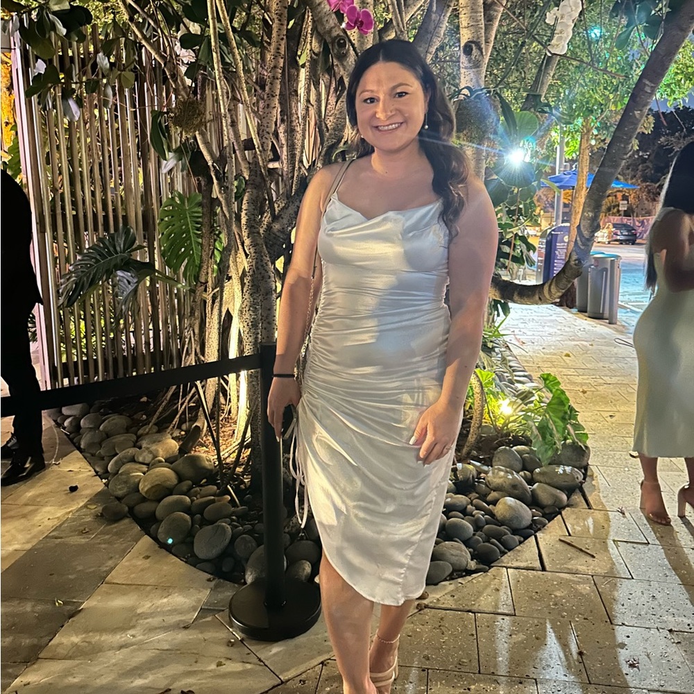 Satin Cowl Neck Midi Dress in White